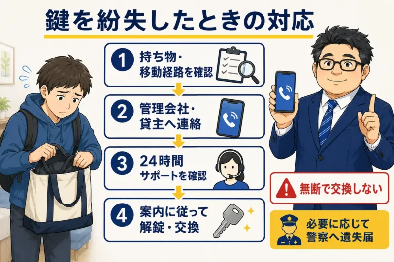 鍵を紛失した学生が管理会社や貸主へ連絡し、案内に従って解錠や交換を行う4段階の流れ