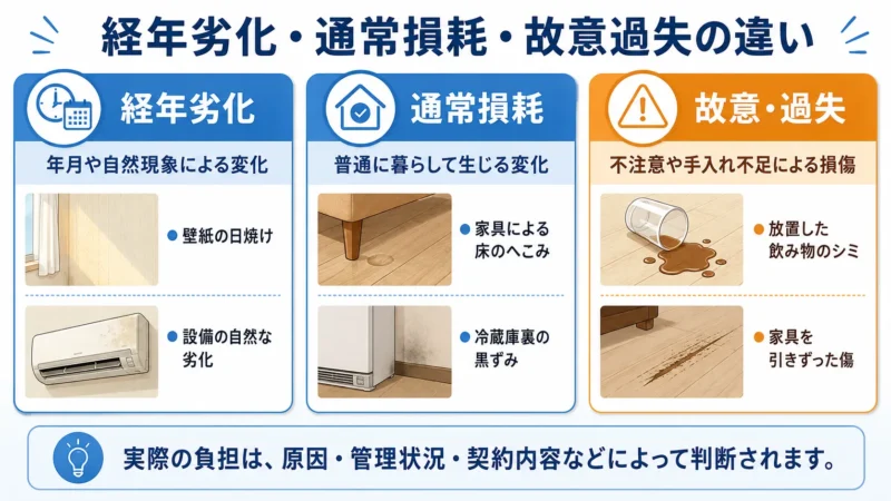 経年劣化と通常損耗は原則として貸主負担ですが、不注意や手入れ不足による損傷は入居者負担になる可能性があります。