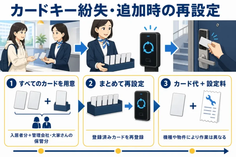 カードキーの紛失や追加時に、全カードを用意して再設定し、カード代と設定料が発生する流れ