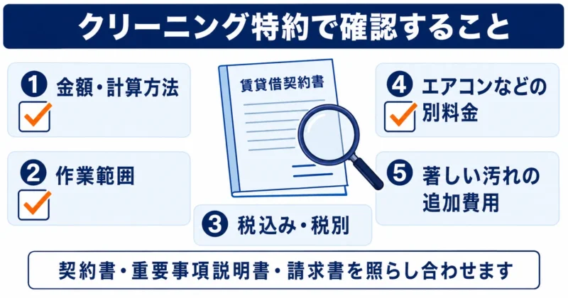 退去時のクリーニング特約で金額・作業範囲・別料金などを確認する図