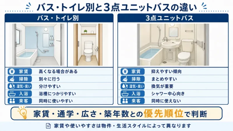 バス・トイレ別と3点ユニットバスの家賃・掃除・湿気と臭い・入浴・来客時の使いやすさを比較した図