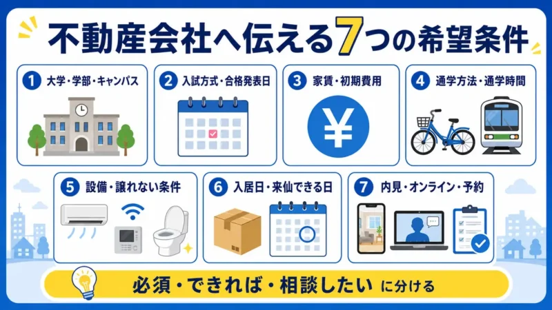 不動産会社へ伝える7つの希望条件を大学・入試方式・予算・通学・設備・入居日・内見方法に分けた図