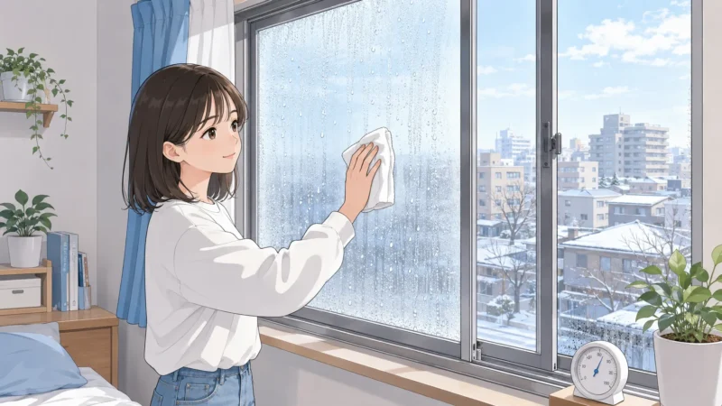 仙台の冬に結露を拭き取る学生のイラスト
