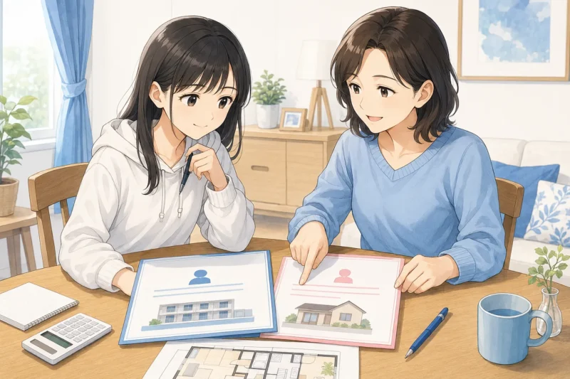 東北大学生と母親が本人名義と保護者名義の賃貸契約を比較している様子