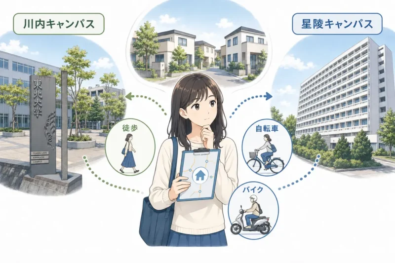 川内キャンパスと星陵キャンパスへ徒歩・自転車・バイクで通う学生のイラスト