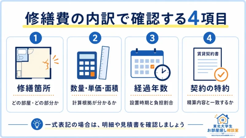 修繕費の内訳で確認する修繕箇所・数量単価面積・経過年数・契約特約の4項目