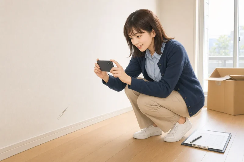 入居時に傷を写真撮影する女性