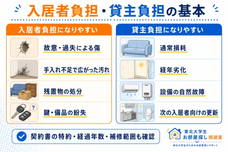 退去時に入居者負担になりやすい費用と貸主負担になりやすい費用の比較図