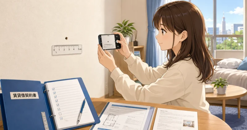 壁の穴を撮影し賃貸借契約書を確認する学生
