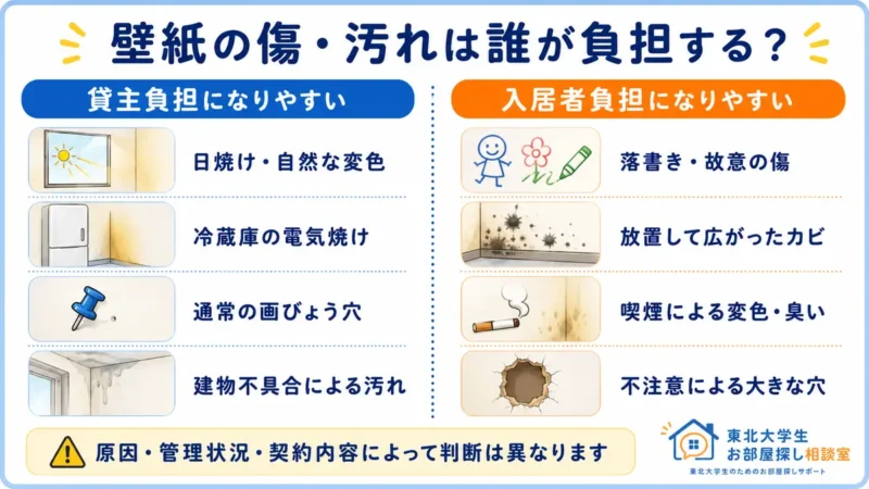 壁紙の日焼けや電気焼けなどの貸主負担と、落書き・カビ・喫煙・大きな穴などの入居者負担を比較した図