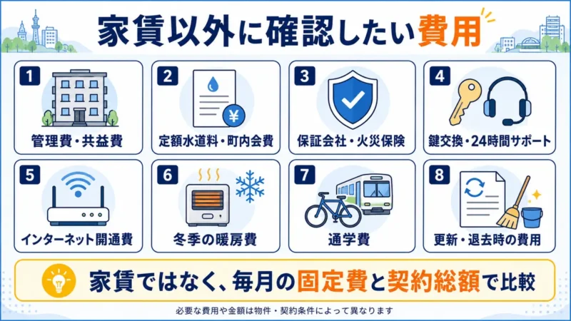 管理費・水道料・保証会社・火災保険・鍵交換・通信費・暖房費・通学費・更新退去費用など家賃以外の確認項目