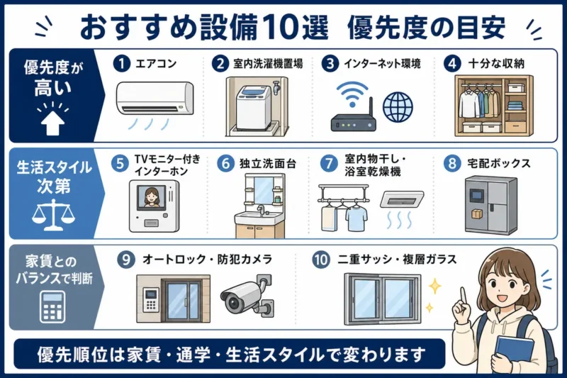 大学生の一人暮らしにおすすめの設備10選を優先度が高い設備、生活スタイル次第の設備、家賃とのバランスで判断する設備に分けた一覧