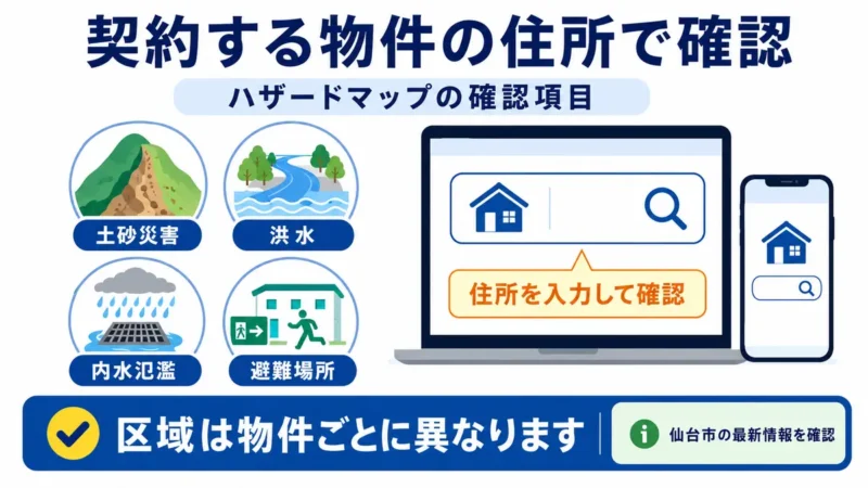 契約する物件の住所で土砂災害・洪水・内水氾濫・避難場所を確認する図