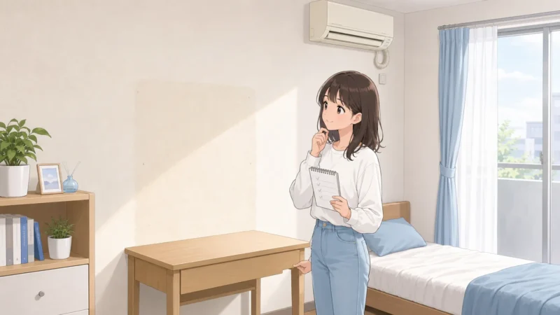 学生が壁紙とエアコンを確認しているイラスト