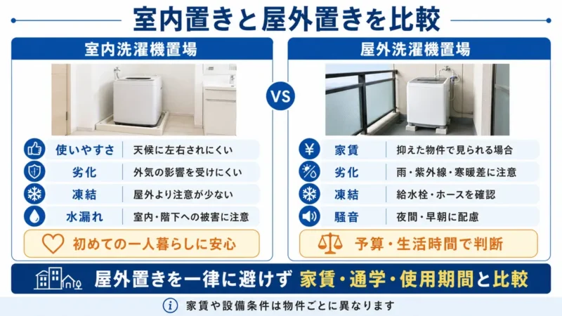 室内洗濯機置場と屋外洗濯機置場の使いやすさ・劣化・凍結・水漏れ・家賃・騒音を比較した図