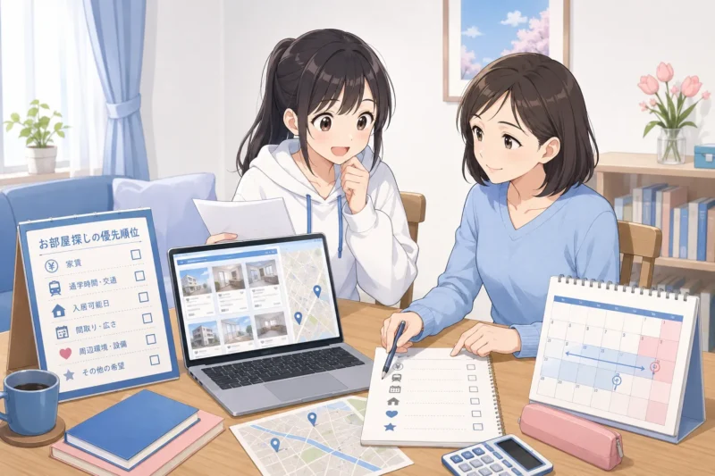 東北大学の後期試験合格後に学生と母親が部屋探しの優先順位を整理している様子