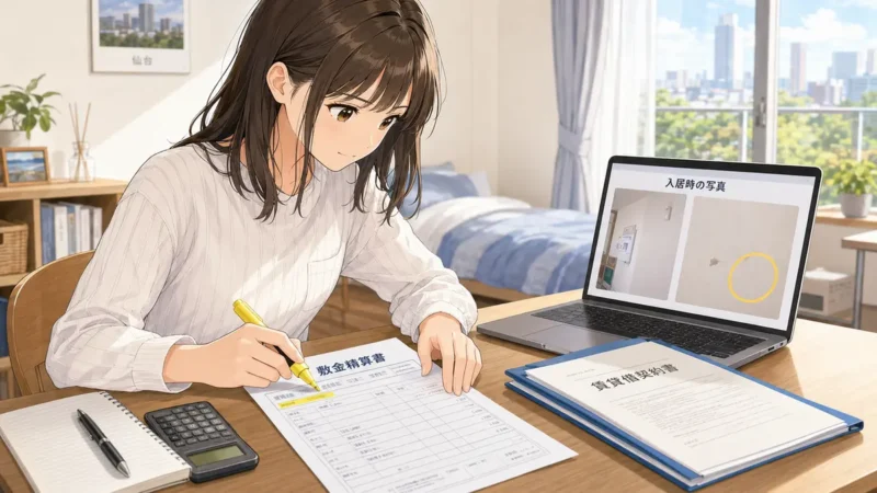 敷金精算書を賃貸借契約書と入居時の室内写真に照らし合わせる学生