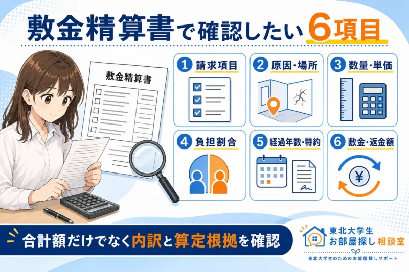 敷金精算書で確認したい請求項目、数量、単価、負担割合、経過年数、特約、返金額の図