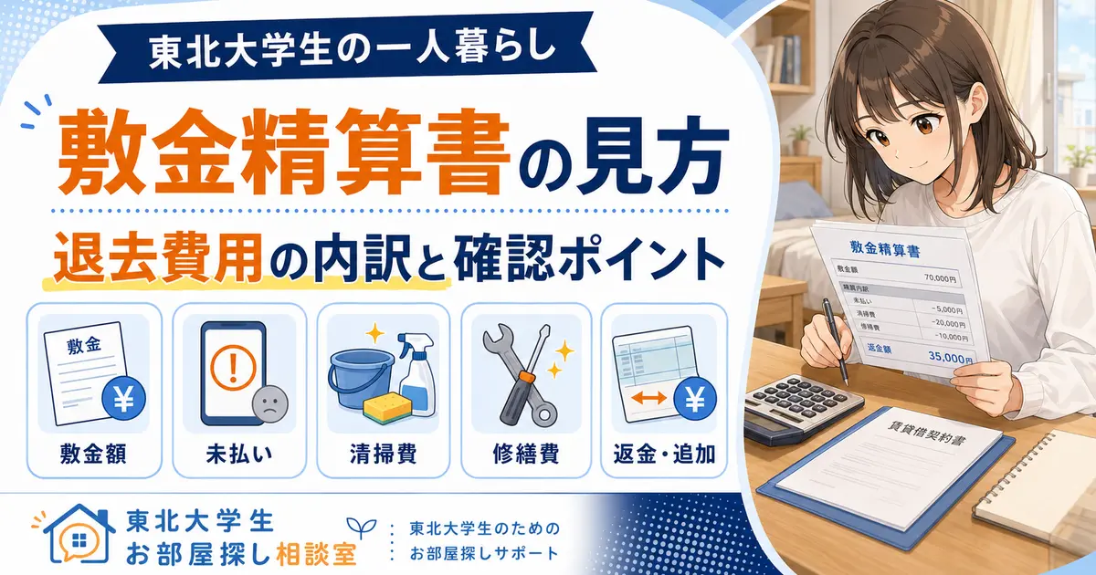 敷金精算書を確認する東北大学生と敷金額・未払い・清掃費・修繕費・返金額の項目