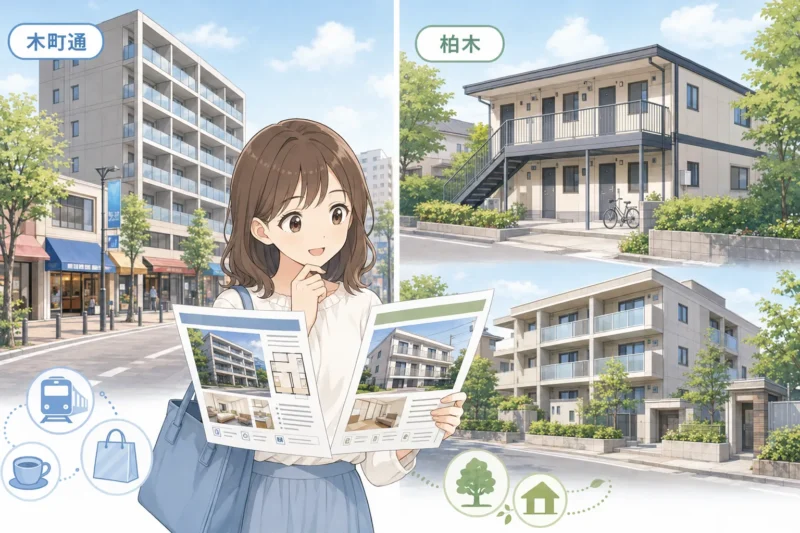 木町通のマンションと柏木のアパート・マンションを比較する女子学生のイラスト