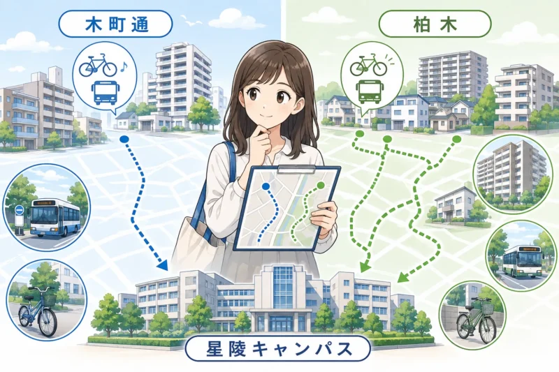 木町通と柏木から東北大学星陵キャンパスへの通学経路を比較するイラスト