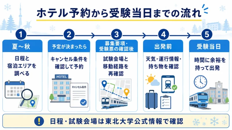 東北大学受験のホテルについて、夏から秋の情報収集、予約、試験会場と移動経路の再確認、出発前の準備、受験当日までを示した時系列図