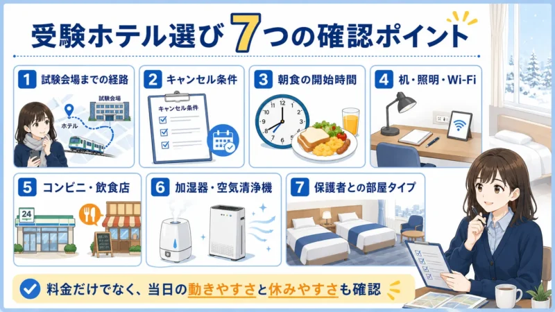 東北大学受験のホテル選びで確認したい試験会場までの経路、キャンセル条件、朝食、客室設備、周辺店舗、加湿器、部屋タイプの7項目