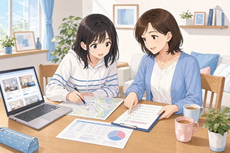 東北大学合格後に学生と母親が家賃やエリアなどの部屋探し条件を相談している様子