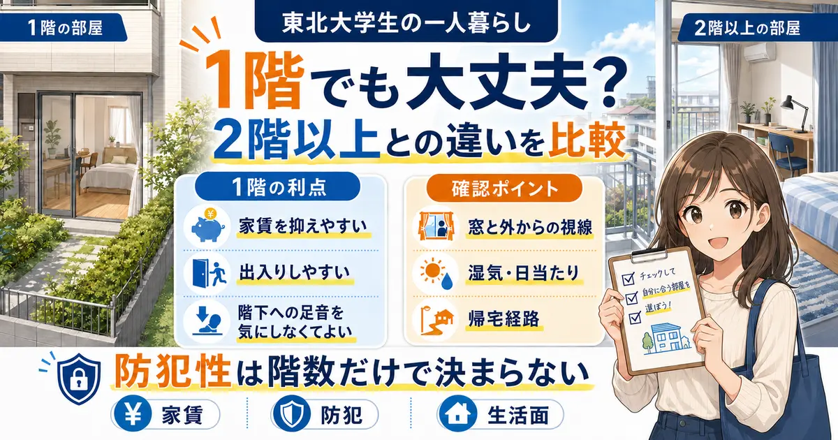 東北大学生の一人暮らしで1階と2階以上を家賃・防犯・生活面から比較したイラスト