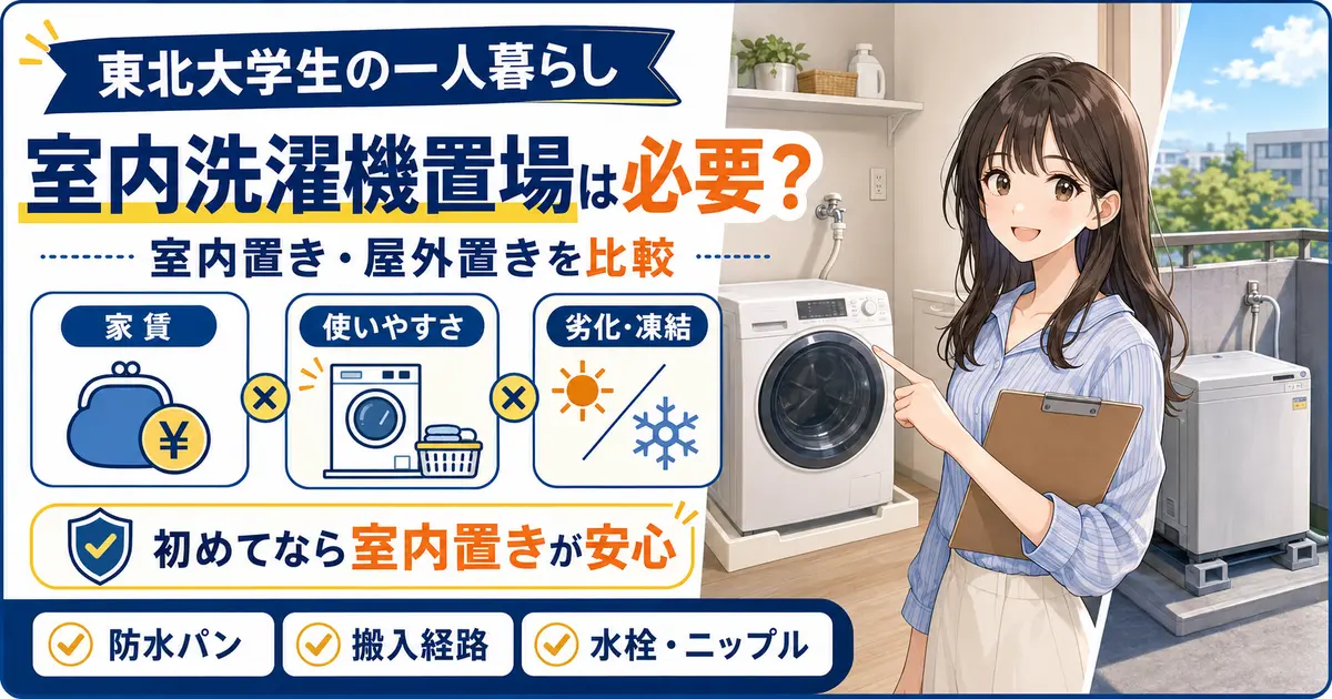 東北大学生の一人暮らしで室内洗濯機置場と屋外置きを家賃・使いやすさ・劣化・凍結から比較するアイキャッチ
