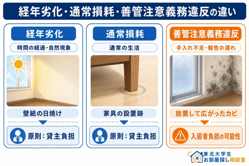経年劣化・通常損耗・善管注意義務違反の違いを比較した図