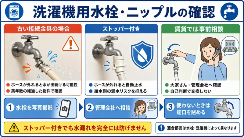 古い洗濯機用水栓とストッパー付きニップルを比較し、管理会社への相談と使用後の蛇口閉栓を案内する図
