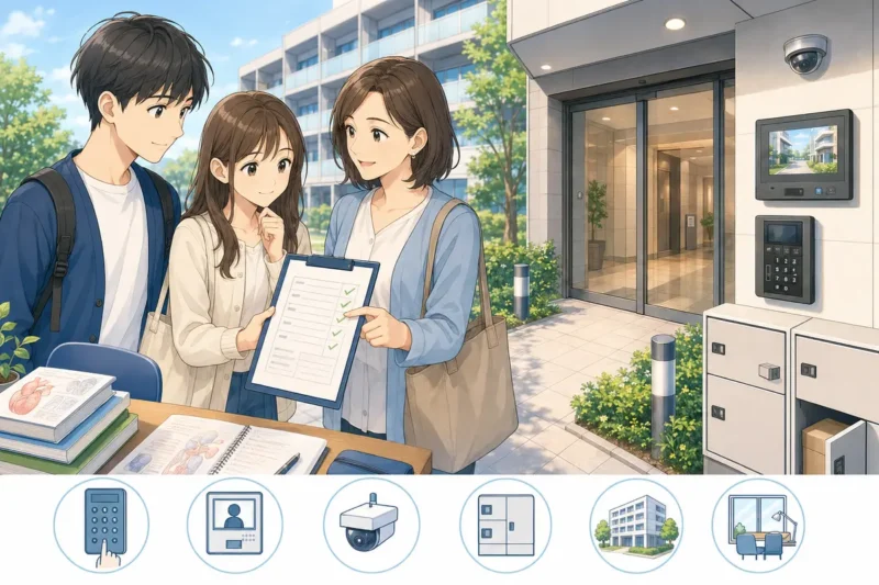 医学部・歯学部・保健学科の学生と保護者がオートロックなどの物件設備を確認するイラスト