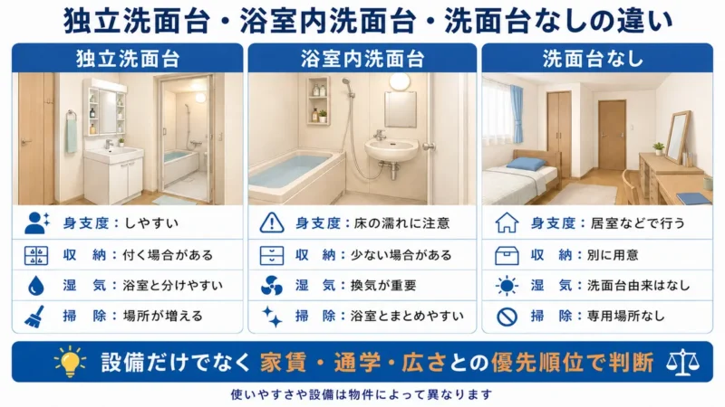 独立洗面台・浴室内洗面台・洗面台なしについて身支度・収納・湿気・掃除の違いを比較した図