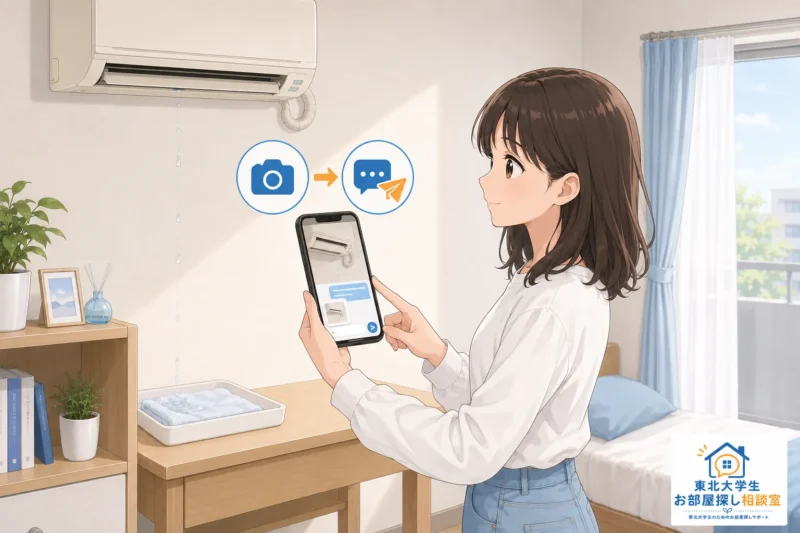 エアコンの水漏れをスマートフォンで撮影して管理会社へ連絡する女子学生