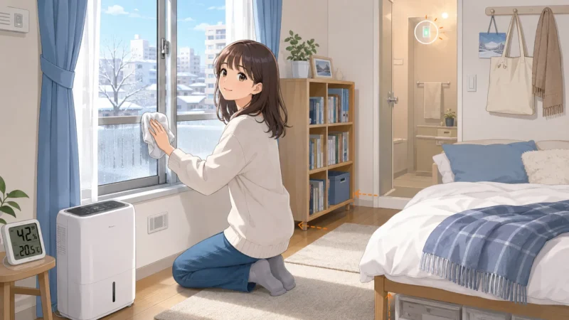 窓の結露を拭き取り換気と除湿を行う一人暮らしの学生