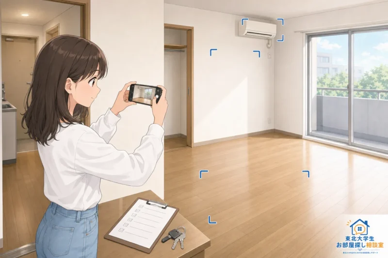 退去前の空室をスマートフォンで撮影して記録する女子学生
