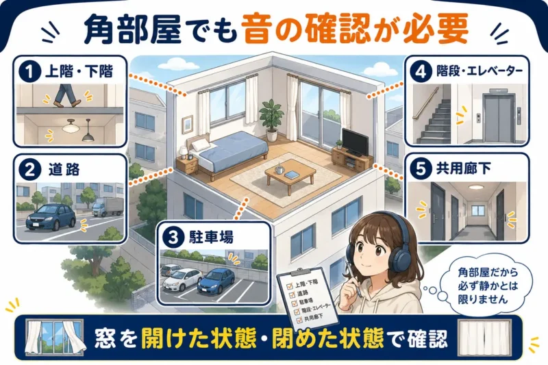 角部屋で確認したい上階・下階、道路、駐車場、階段・エレベーター、共用廊下からの音