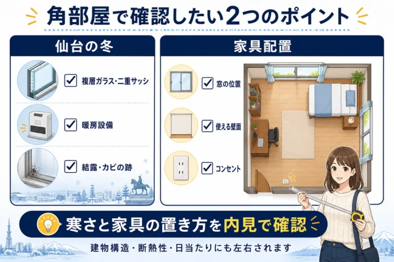 角部屋で確認したい複層ガラス・暖房設備・結露跡と窓・壁面・コンセントを考えた家具配置