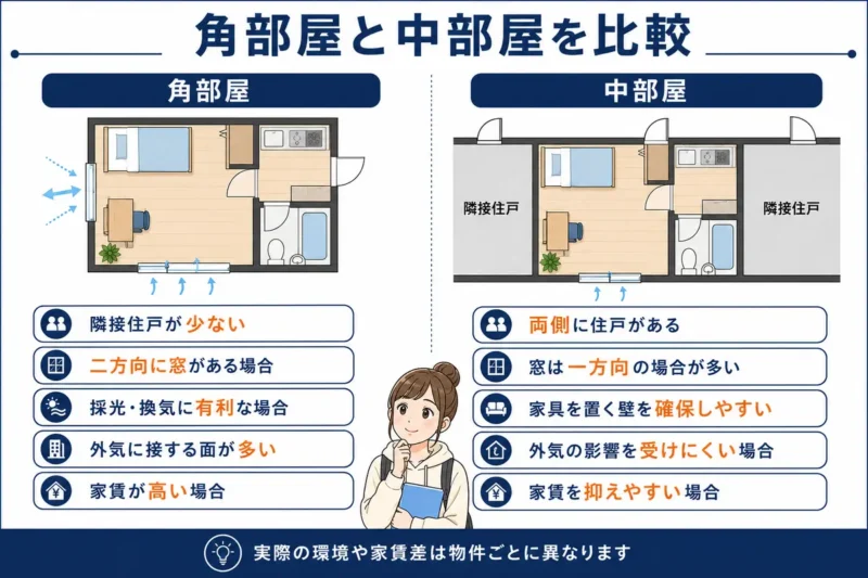 角部屋と中部屋を隣接住戸、窓、採光・換気、外気の影響、家賃から比較した図