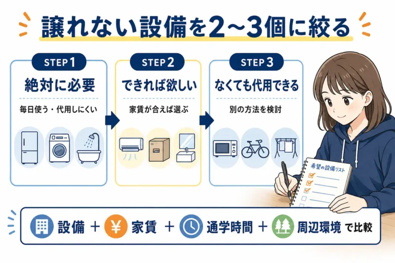 希望する賃貸設備を絶対に必要、できれば欲しい、なくても代用できるの3段階に分ける手順