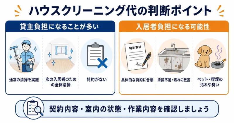 賃貸のハウスクリーニング代について貸主負担と入居者負担になりやすいケースを比較した図