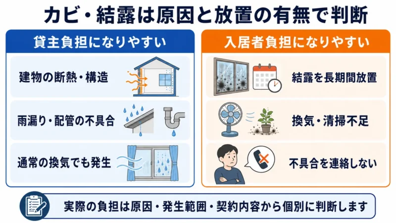 賃貸のカビ・結露について貸主負担と入居者負担になりやすいケースを比較した図