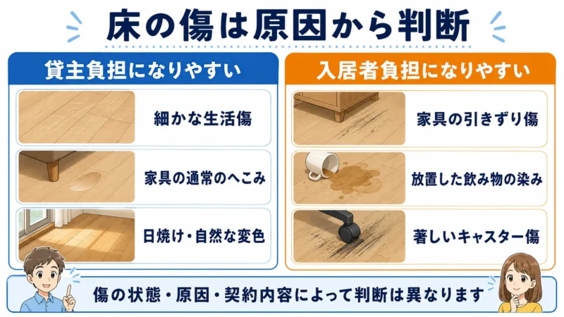 賃貸の床について貸主負担になりやすい傷みと入居者負担になりやすい傷を比較した図