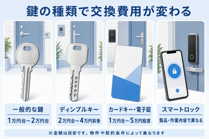 一般的な鍵、ディンプルキー、カードキー・電子錠、スマートロックの費用目安を比較した図