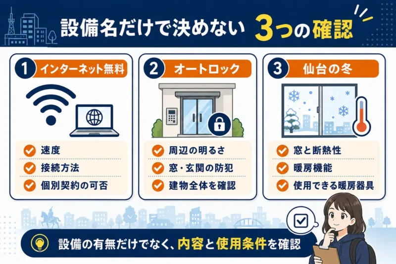 インターネット無料、オートロック、仙台の冬に関係する設備で確認したい内容と使用条件