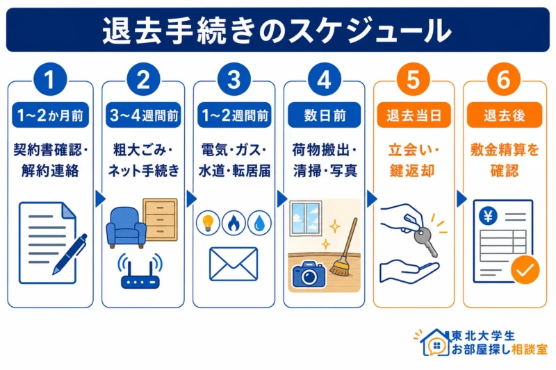 東北大学生の退去手続きを1～2か月前から時系列で示した図