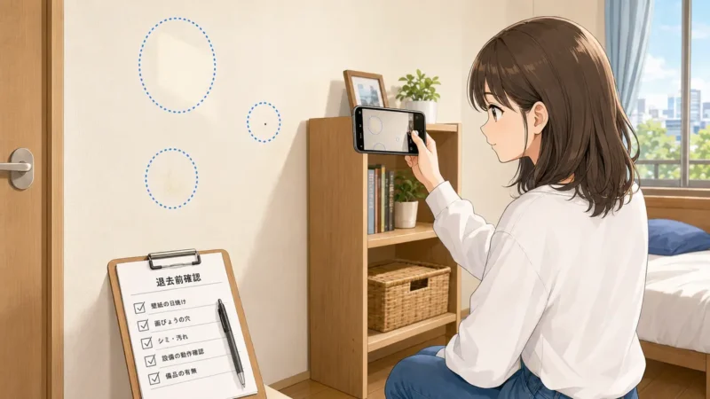 退去前に壁紙の日焼け・画びょう穴・汚れをスマートフォンで撮影する学生