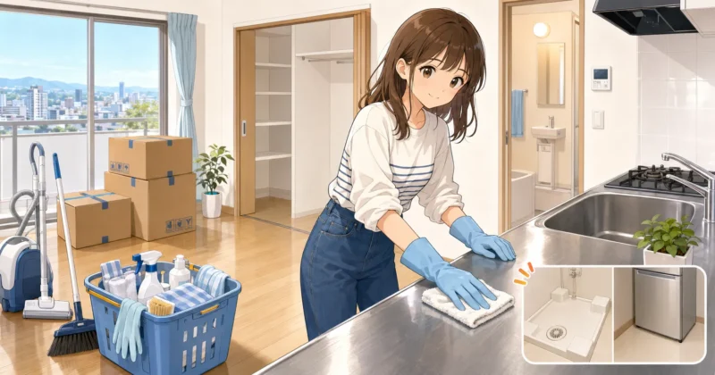 退去前にキッチン・水回り・床を清掃する学生のイラスト