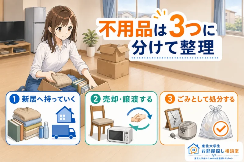 不用品を新居へ持っていくもの、売却・譲渡するもの、ごみとして処分するものに分ける女子学生